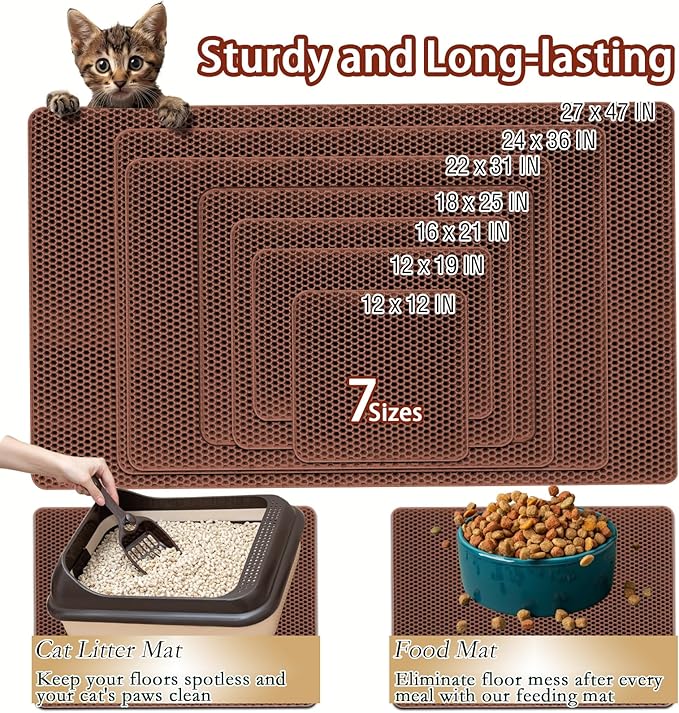 2025 𝗡𝗘𝗪 Waterproof Cat Litter Mat | Double Layer EVA, Odor-Free Large Grid | Urine Proof & Easy Cleanup | Soft on Paws | Versatile Design for Litter and Feeding (Brown, 27×47)