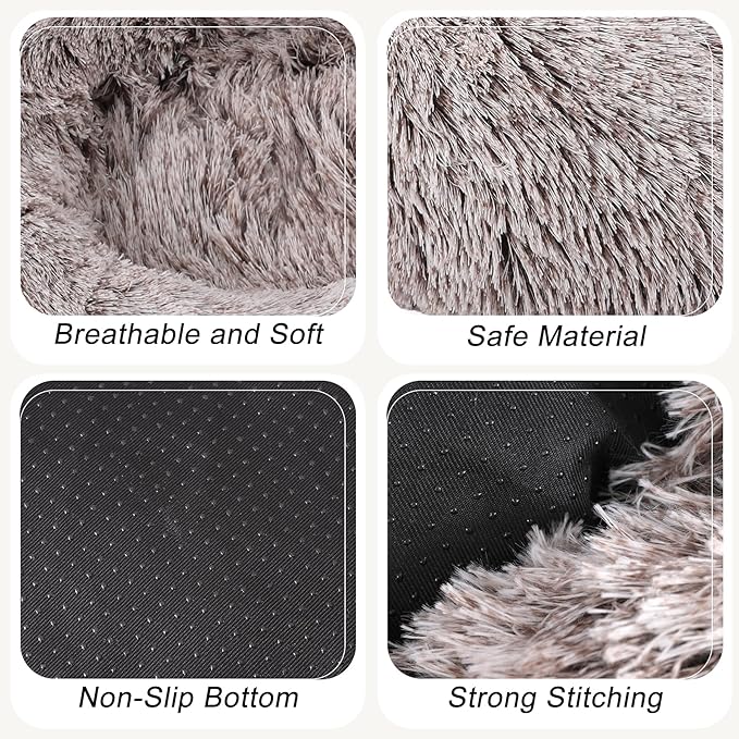 Calming Dog Bed, Dog Beds Fits up to 15 lbs Pets, Fluffy Donut Dog & Cat Bed Washable, Round Anti Anxiety Dog Bed, Small Dog Bed with Non-Slip Bottom (Coffee, 20" x 20")