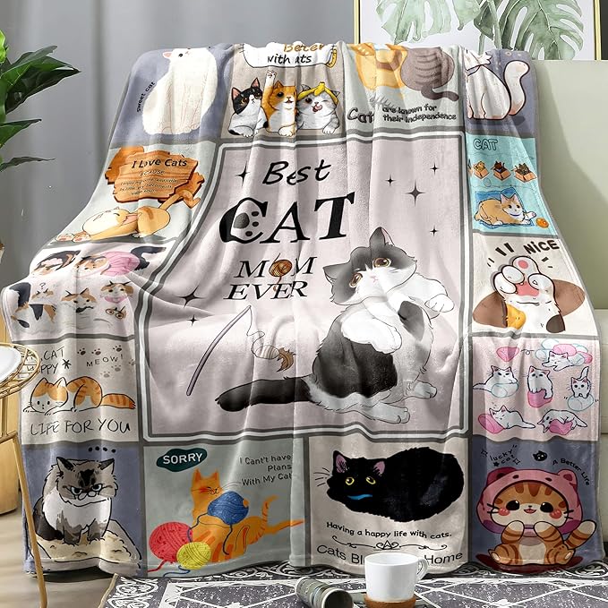 Sviuse Cat Blanket Soft Flannel Fleece Blankets with Cute Cats Pattern, Cozy and Warm Throw for Bed, Sofa, or Gift for Cat Lovers Girls, Women, Kids (Cat 10, 50" X 60")