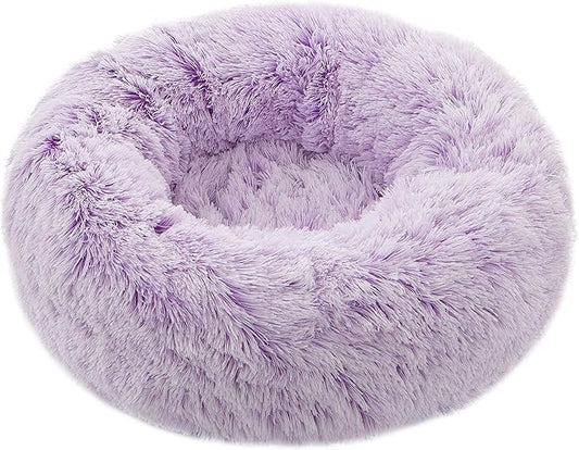 Calming Donut Dog Bed Medium, Plush Round Cuddler Dog & Cat Bed, Anit-Anxiety Marshmellow Fluffy Faux Fur Cushion(24", Purple)