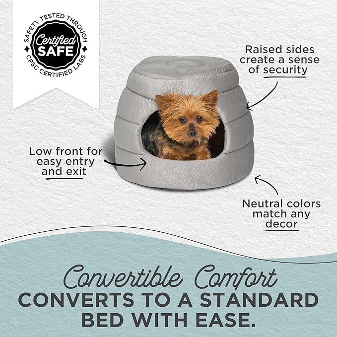 Best Friends by Sheri 2 in 1 Honeycomb Convertible Cat and Dog Cave Bed, Ilan Microfiber, Gray, Standard