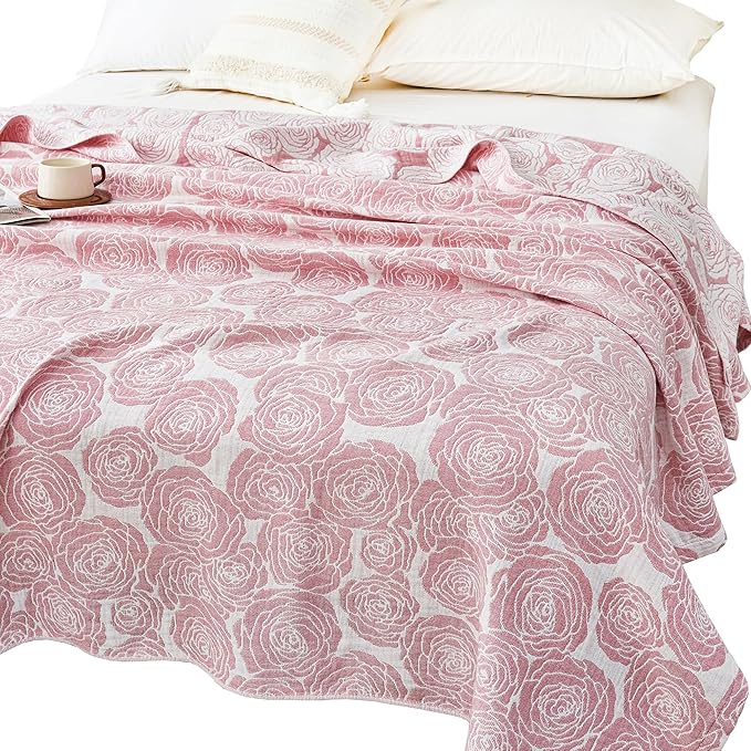 MEJU Modern Big Flower Rose Pink Muslin All Season Blanket for Bed Sofa Couch 100% Combed Cotton 3 Layer Soft Warm Bedspread Throw Blanket Bed Coverlet Sheet F/Q 80 in x 90 in