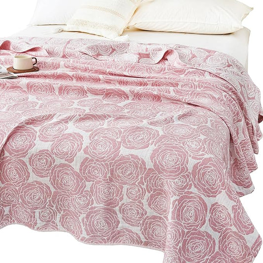 MEJU Modern Rose Pink Muslin All Season Blanket for Bed Sofa Couch 100% Combed Cotton 3 Layer Soft Warm Bedspread Throw Blanket Bed Coverlet Sheet Twin 60 in x 80 in