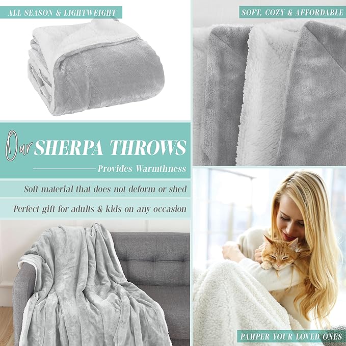 Elegant Comfort Reversible and Ultra-Plush Flannel Fleece Sherpa Throw- Lightweight Soft and Cozy- All Season Decorative Throw, Perfect for Lounging, 50 x 60 inches, Silver Grey