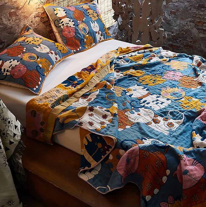 MEJU Kitty Cats Kids Child Muslin Blanket Throw Reversible Cover for Bed Sofa Couch, 100% Combed Cotton 4 Layer Soft Warm Quick Dry Throw Blanket Bed Coverlet Quilt Sheet Blue Twin 60 in x 80 in