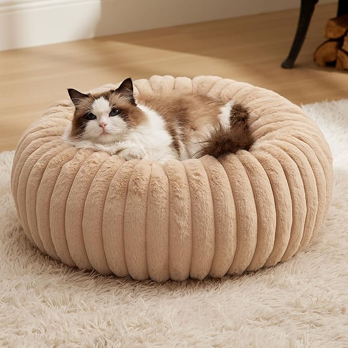 Bedsure Cat beds for Indoor Cats - Donut Dog Beds for Small Dogs with Corduroy Fleece & Anti Slip Bottom, Faux Fur Pet Beds with Washable Removable Cover, Sandy Tan, 20x20x6 inches