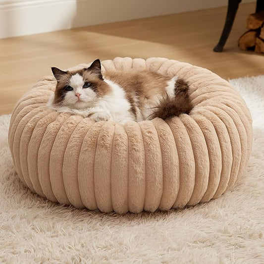 Bedsure Cat beds for Indoor Cats - Donut Dog Beds for Small Dogs with Corduroy Fleece & Anti Slip Bottom, Faux Fur Pet Beds with Washable Removable Cover, Sandy Tan, 20x20x6 inches