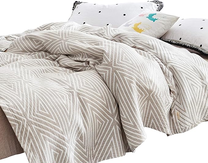 MEJU Muslin Crey Checks Stripes Triange Reversible Throw Blanket for Bed Sofa Couch 100% Combed Cotton 3 Layer Soft Warm Quick Dry Bedspread Throw Blanket Bed Coverlet Sheet Twin 60 in x 80 in