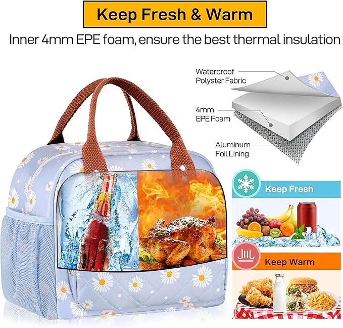 Buringer HOMESPON Lunch Bag for Woman Man Adults with Front Pocket Insulated Lunch Tote Lunch Box Container for Work Picnic or Travel（Blue Daisy）