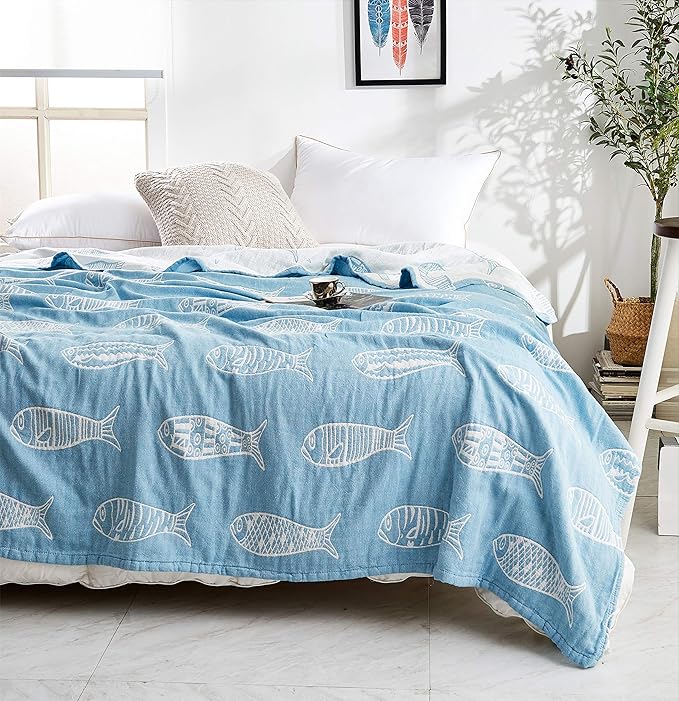 MEJU Fish Blue Modern Muslin Lightweight Summer Blanket for Bed Sofa Couch 100% Combed Cotton 3 Layer Soft Warm Bedspread Throw Blanket Bed Coverlet Sheet Full Queen 80 in X 90 in