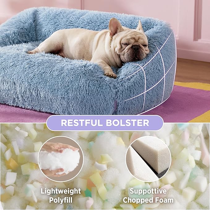 Lesure Dog Bed Medium Size - Cute Furry Calming Puppy Beds, Rectangle Washable Indoor Pet Beds with Removable Zipper Cover, 35x25x11inches, Blue