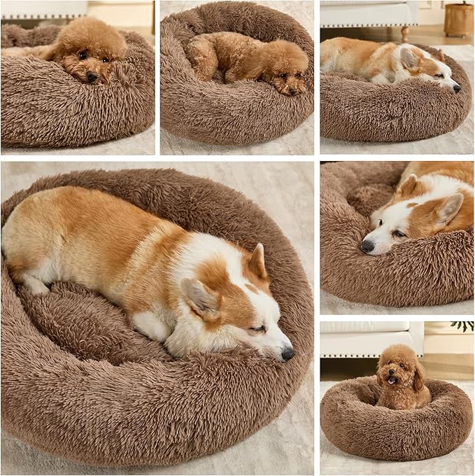 Dog Bed Calming Dog Beds for Small Medium Large Dogs - Round Donut Washable Puppy Dog Bed, Anti-Slip Faux Fur Fluffy Donut Cuddle Anxiety Cat Pet Bed(24 Khaki