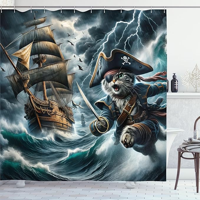 Ambesonne Cat Shower Curtain, Pirate Kitty Character in The Stormy Ocean Waves Adventure Ship Sailing, Cloth Fabric Bathroom Decor Set with Hooks, 69" W x 84" L, Dark Slate Blue and Amber