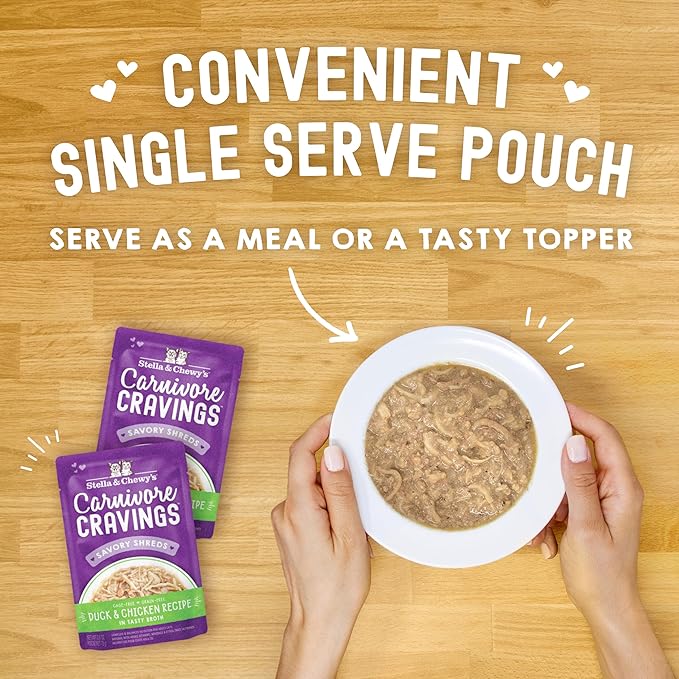 Stella & Chewy's Carnivore Cravings Wet Cat Food Pouches – Grain Free, Protein Rich Meal, Topper or Treat – Duck & Chicken Recipe, 2.8 Ounce Pouches, (Pack of 24)