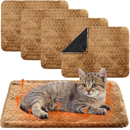 4 Pack Self Heating Cat Pad Self Warming Cat Mat Non Slip Warm Dog Bed Pad Mat Washable Pet Kennel Pad Crate Bed Mat Removable Cover Cat Blanket for Indoor Outdoor(Camel,16 x 20 Inch)