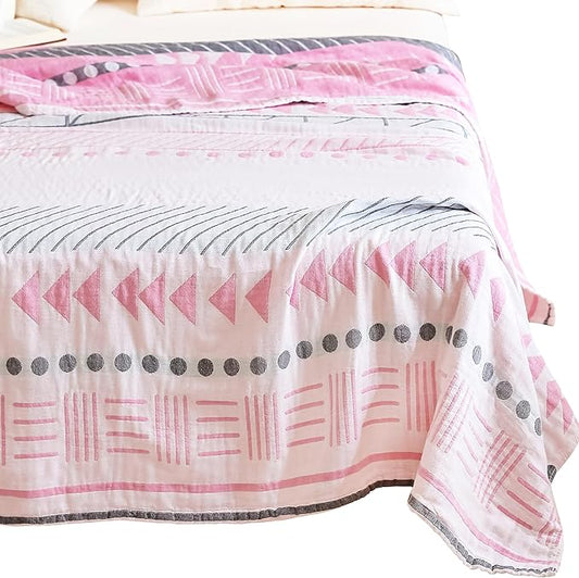 MEJU Pink Boho Geometric Morden Southwest Muslin All Season Blanket for Bed Sofa Couch 100% Combed Cotton 3 Layer Soft Cozy Quilt Throw Blanket Bed Coverlet Sheet Full Queen 80 in x 90 in