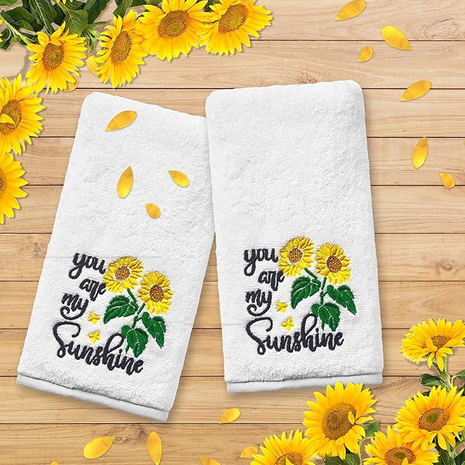 Sunflower Hand Towels - Set of 2, Embroidered 'You Are My Sunshine' Pattern, 100% Cotton Soft Towels for Kitchen & Bath, 14x30 Inches