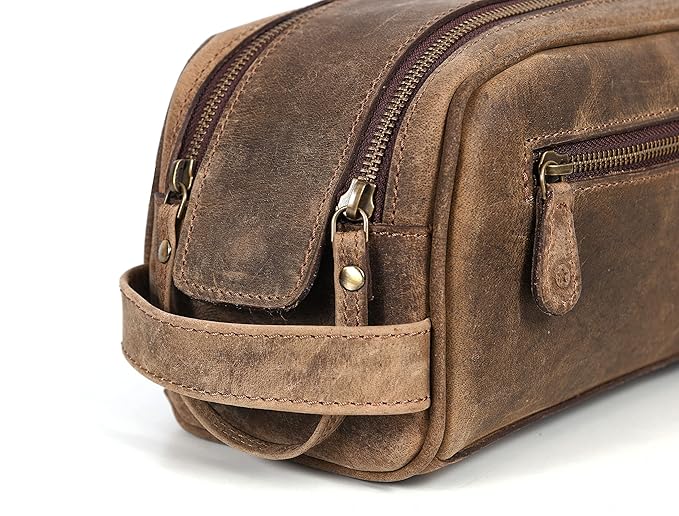 10" Premium Leather Toiletry Travel Pouch With Waterproof Lining | King-Size Handcrafted Vintage Dopp - Kit ~ Gift for Father's Day By Aaron Leather Goods (Brown)
