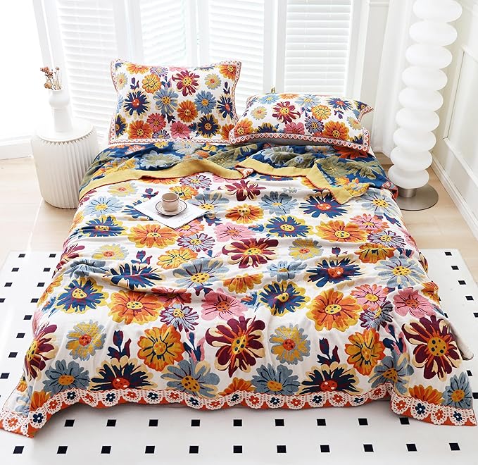 MEJU Boho Reversible Rustic Farmhouse Colourful Flower Bloom Daisy Blanket Twin for Bed Sofa Couch, 100% Combed Cotton 4 Layer Soft Warm Floral Throw Blanket Bed Coverlet Sheet F/Q 80 in x 90 in