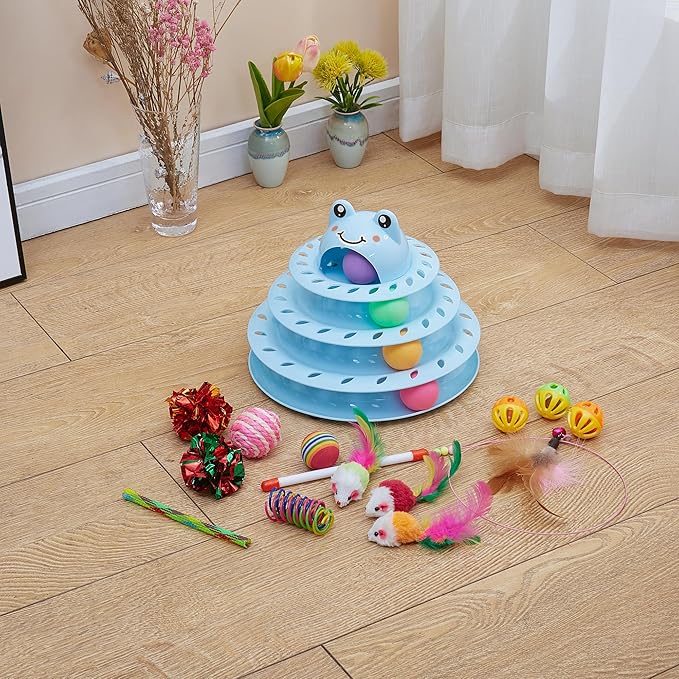 Suhaco Interactive Cat Toys for Indoor Cats Pack of 17 Fun Roller 4 Level Cat Tower with Cute Stickers Turntable Kittens Ball Teaser Toy (Blue 17 Pcs)