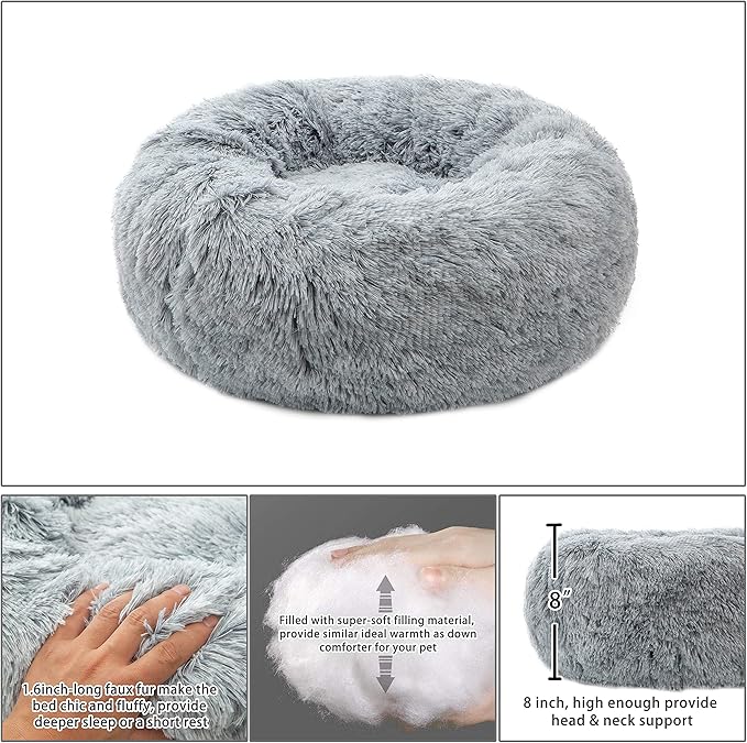 Calming Donut Dog Bed XL, Plush Round Cuddler Dog & Cat Bed, Anit-Anxiety Marshmellow Fluffy Faux Fur Cushion(32", Grey)