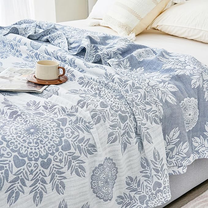 MEJU Feather Heart Boho Indian Blue Muslin All Season Blanket for Bed Sofa Couch 100% Combed Cotton 3 Layer Soft Warm Bedspread Throw Blanket Bed Coverlet Sheet Twin 60 in x 80 in