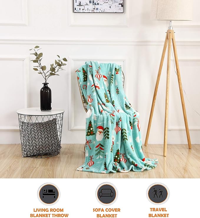 Elegant Comfort Luxury Velvet Super Soft Christmas Prints Fleece Blanket-Holiday Theme Home Décor Fuzzy Warm and Cozy Throws for Winter Bedding, Couch and Gift, 50 x 60 inch, Santa Snowman Teal