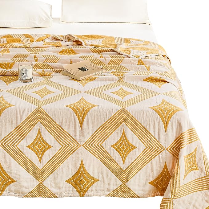 MEJU Diamond Modern Checks Fashion Stripe All Season Blanket Decorative for Bed Sofa Couch 100% Cotton 3 Layer Soft Warm Reversible Bedspread Throw Blanket Bed Coverlet Sheet Yellow Twin 60 in x 80 in