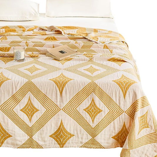 MEJU Diamond Modern Checks Fashion Stripe All Season Blanket Decorative for Bed Sofa Couch 100% Cotton 3 Layer Soft Warm Reversible Bedspread Throw Blanket Bed Coverlet Sheet Yellow Twin 60 in x 80 in