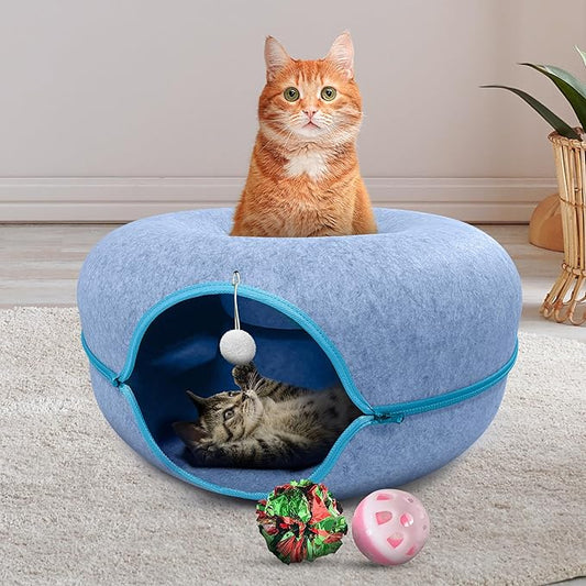 Cat Tunnel Bed for Indoor Cats - 24" Cat Cave, Large Cat Bed Cave for Pets up to 30lbs, Play Tunnel Toy for Pets with Hanging Ball Toy, 2-in-1 Round Cat Tube w/Removable Machine Washable Parts
