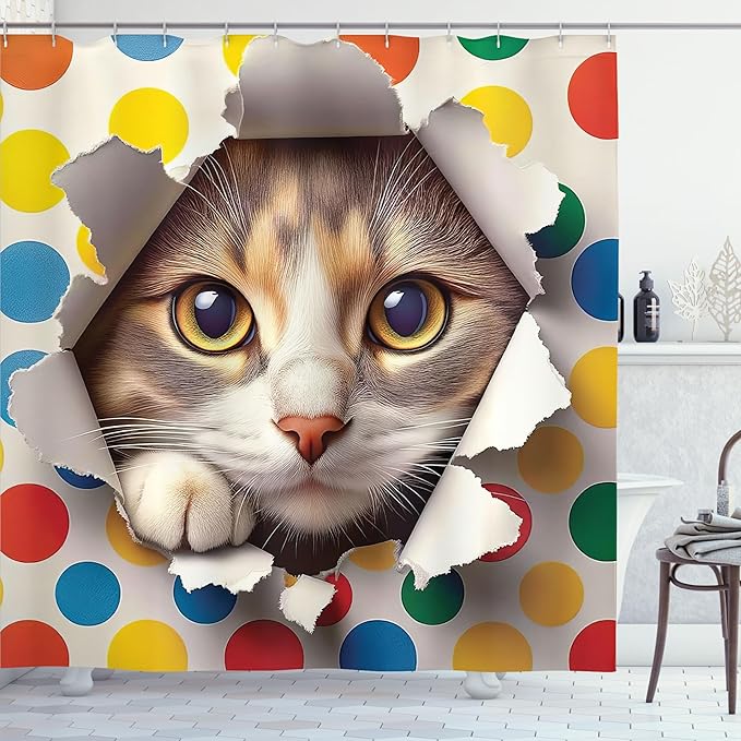 Ambesonne Cat Shower Curtain, Funny and Mischievous Kitty Peaking Through a Torn with Colorful Polka Dots Print, Cloth Fabric Bathroom Decor Set with Hooks, 69" W x 70" L, Multicolor
