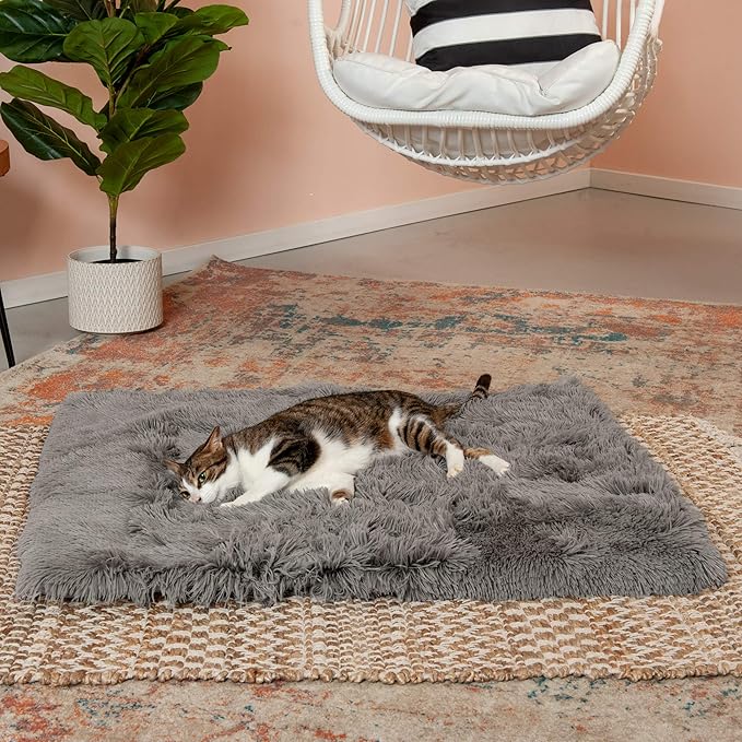 Furhaven Self-Warming Cat Bed for Indoor Cats, 4-Beds-in-1 & Washable - Plush Long Faux Fur Convertible Cuddler - Gray, Large, 35.5"L x 30.0"W x 0.5"Th