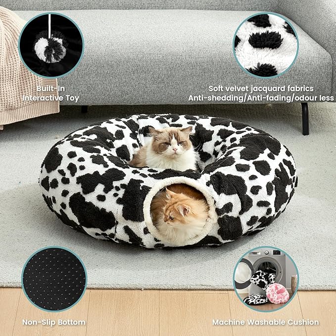 Cat Tunnel Bed for Indoor Cats - Cute Cat Donut Tunnel with Washable Circle Cushion, Round Pet Play Tunnel Toy for Kitten/Puppy/Rabbit,Black&White