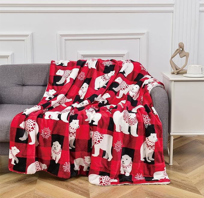 Elegant Comfort Reversible and Ultra-Plush Flannel Fleece-Winter Christmas Sherpa Throw- Lightweight Soft and Cozy-Holiday Decorative Throw, Perfect for Lounging, 50 x 60 inches, Polar Plaid Red