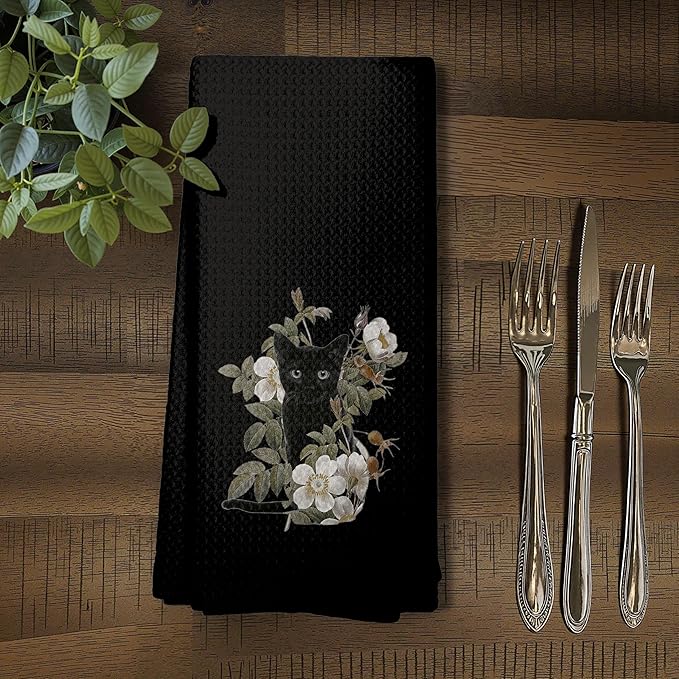 Black Cat Gifts Kitchen Dish Towels Hand Towels for Bathroom Kitchen Decor, Gifts for Cat Mom Lover and Women, 16x24 Inch(Black)