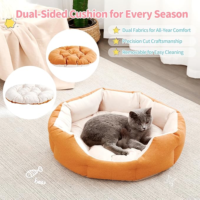 Made4Pets Cat Beds for Indoor Cats - Dog Beds for Small Dogs, Round Pet Bed for Puppy and Kitten, Washable Dog Bed with Anti-Slip Bottom, Removable Dual-Fabric Cushion for All Season, Orange