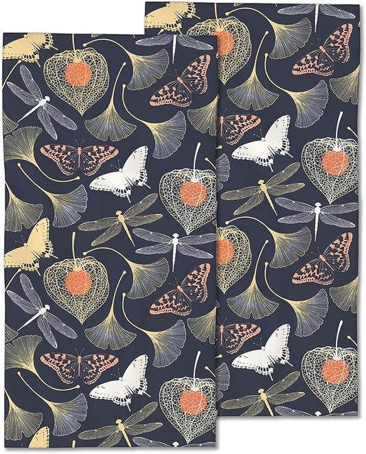 Ginkgo Leaves Hand Towels Set of 2 - Vintage Floral Fingertip Polyester Cotton Soft Bath Towels for Bathroom, Kitchen, Hotel, Spa - 14"X28"