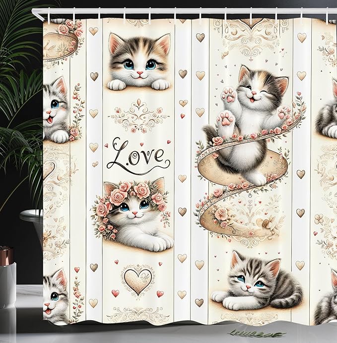 Ambesonne Cat Shower Curtain, Vintage Themed Pattern with Smiling Blue Eyed Kittens Love Hearts Nostalgia, Cloth Fabric Bathroom Decor Set with Hooks, 69" W x 70" L, Ivory Pale Brown Grey