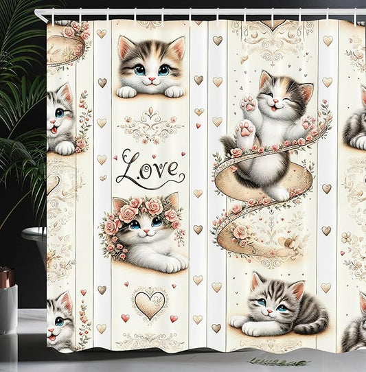 Ambesonne Cat Shower Curtain, Vintage Themed Pattern with Smiling Blue Eyed Kittens Love Hearts Nostalgia, Cloth Fabric Bathroom Decor Set with Hooks, 69" W x 70" L, Ivory Pale Brown Grey