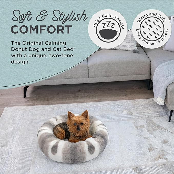 Best Friends by Sheri Patterned Lux Faux Fur Calming Donut Dog Bed, Gray, Extra Small, 18" x 18"
