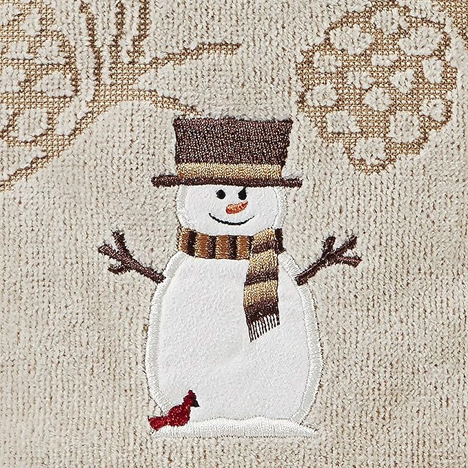 SKL Home Christmas/Winter Woodcut Snowman Hand Towel 2pc Set for Bath/Kitchen/Bar & Gift, Wheat