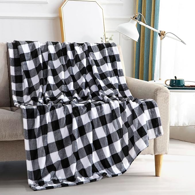 Elegant Comfort Velvet Touch Ultra Plush Christmas Holiday Buffalo Plaid Fleece Throw/Blanket-50 x 60inch, Buffalo Black