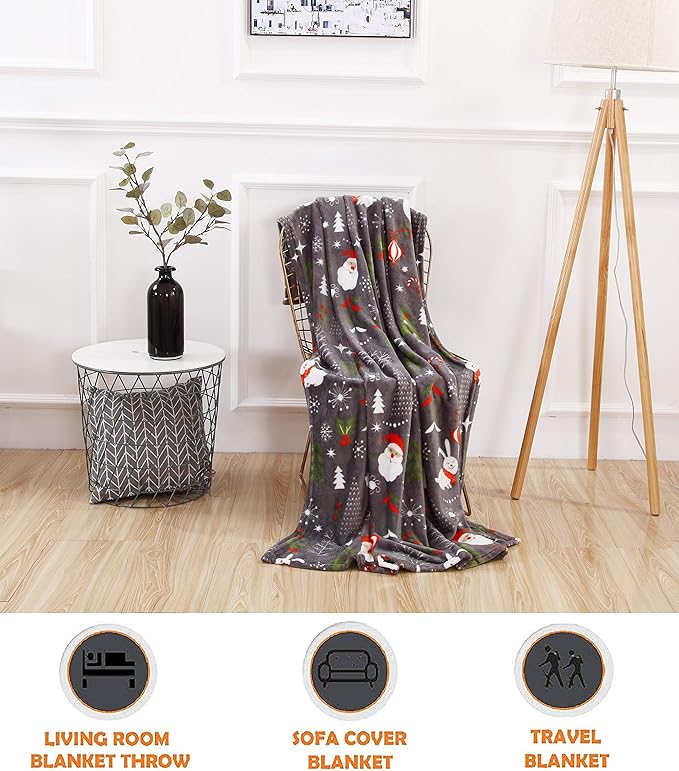 Elegant Comfort Luxury Velvet Super Soft Christmas Prints Fleece Blanket-Holiday Theme Home Décor Fuzzy Warm and Cozy Throws for Winter Bedding, Couch and Gift, 50 x 60 inch, Santa Snowman Gray
