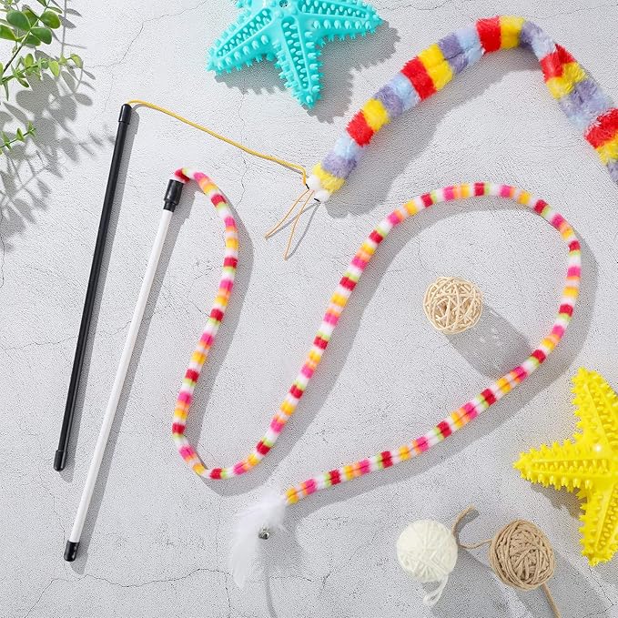 6 Pieces Cat Toys Interactive Cat Wand Toys with Feather and Bell Safe Cat Teaser Catcher Stick Toy Colorful and Sounding Christmas Wand Toys for Cats Kittens Training Pets Exerciser
