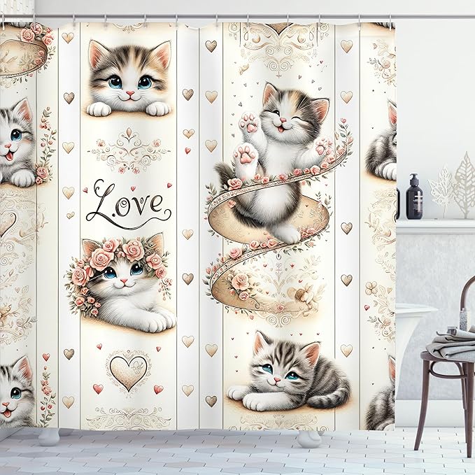 Ambesonne Cat Shower Curtain, Vintage Themed Pattern with Smiling Blue Eyed Kittens Love Hearts Nostalgia, Cloth Fabric Bathroom Decor Set with Hooks, 69" W x 84" L, Ivory Pale Brown Grey