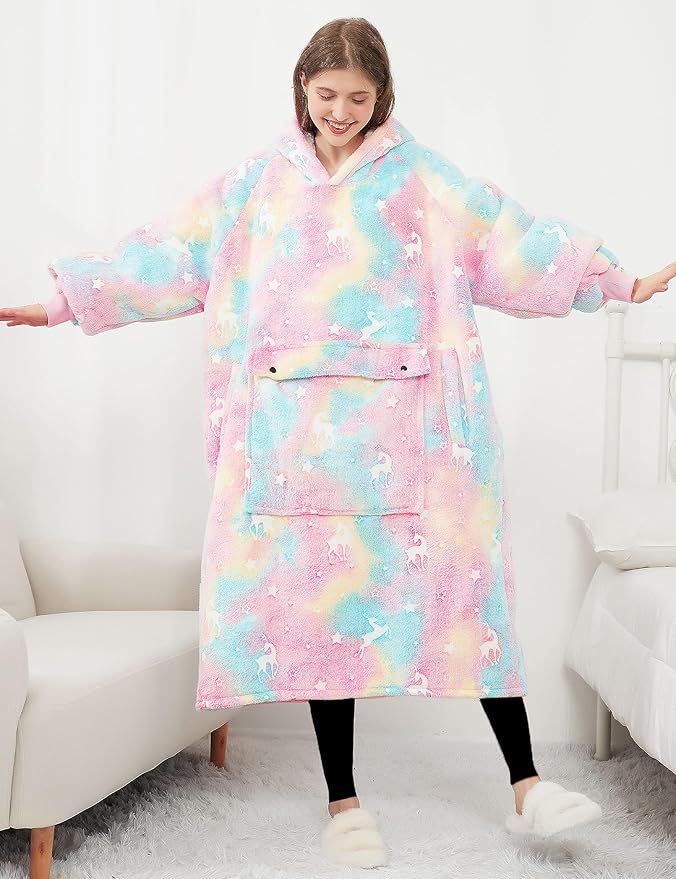 KFUBUO Wearable Blanket Hoodie for Adult Long Sherpa Glow in the Dark Oversized Hoodie Sweatshirt Blanket Christmas Gift Ideas