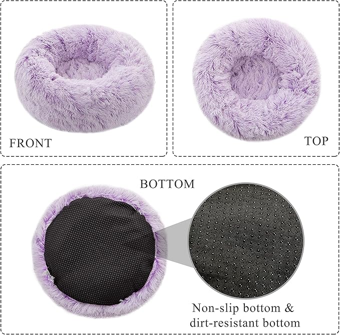 Calming Donut Dog Bed Small, Plush Round Cuddler Dog & Cat Bed, Anit-Anxiety Marshmellow Fluffy Faux Fur Cushion(20", Purple)