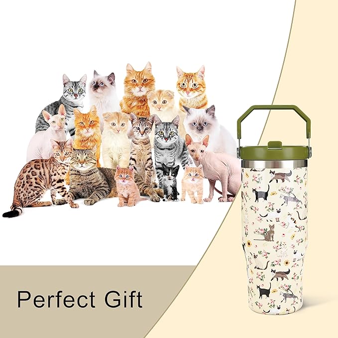 30oz Floral Cat Tumbler with Handle and Straw, Stainless Steel Vacuum Insulated Coffee Tumbler, Travel Mug Water Bottle, Cute Cat Stuff Gifts for Women