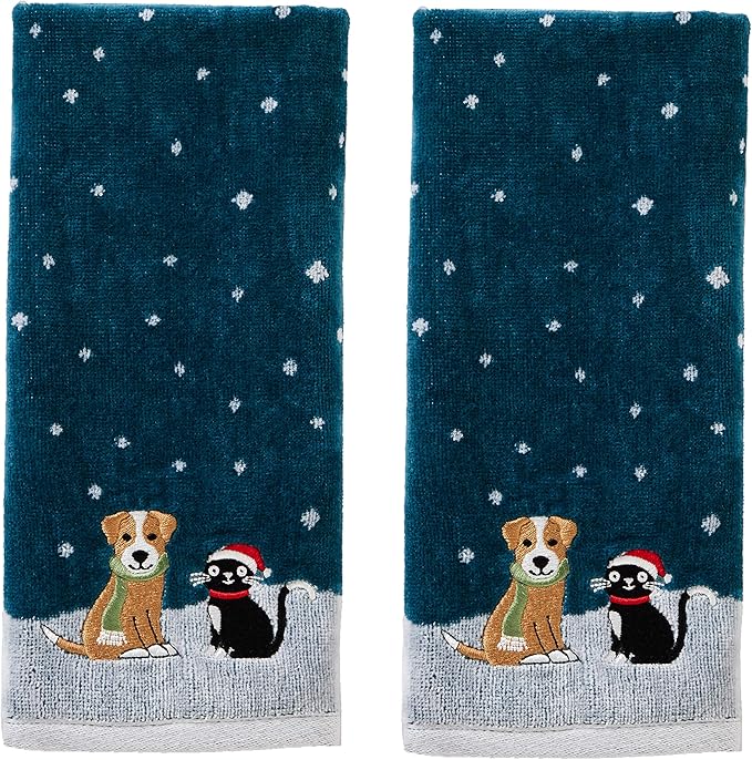 SKL Home Christmas/Winter Cat & Dog Hand Towel 2pc Set for Bath/Kitchen & Gift, Teal