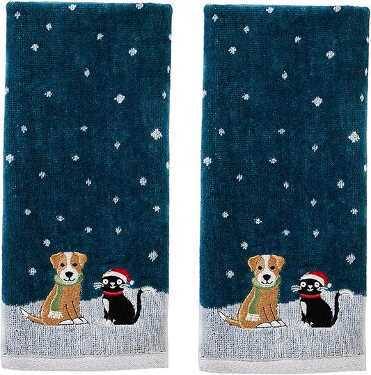 SKL Home Christmas/Winter Cat & Dog Hand Towel 2pc Set for Bath/Kitchen & Gift, Teal